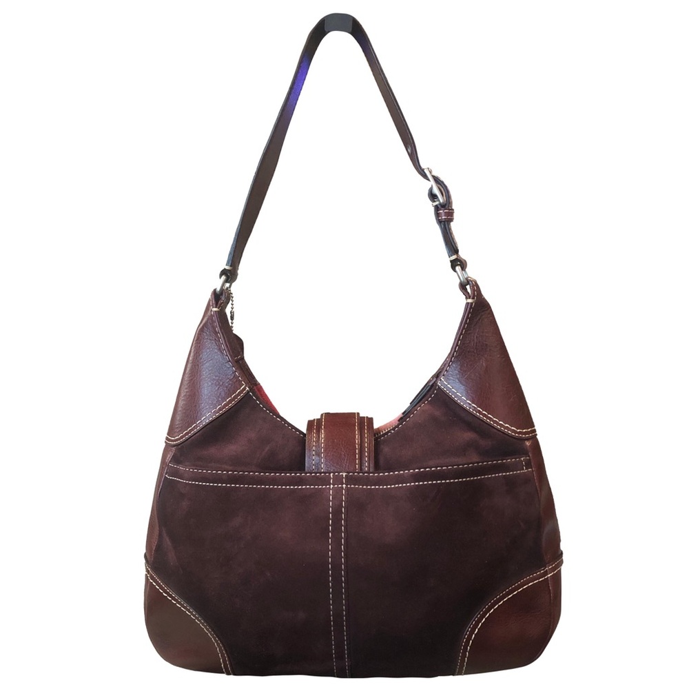 COACH Hampton Patchwork Mosaic Burgundy Leather Brown Suede Top Zip Shoulder Bag - Picture 3 of 17